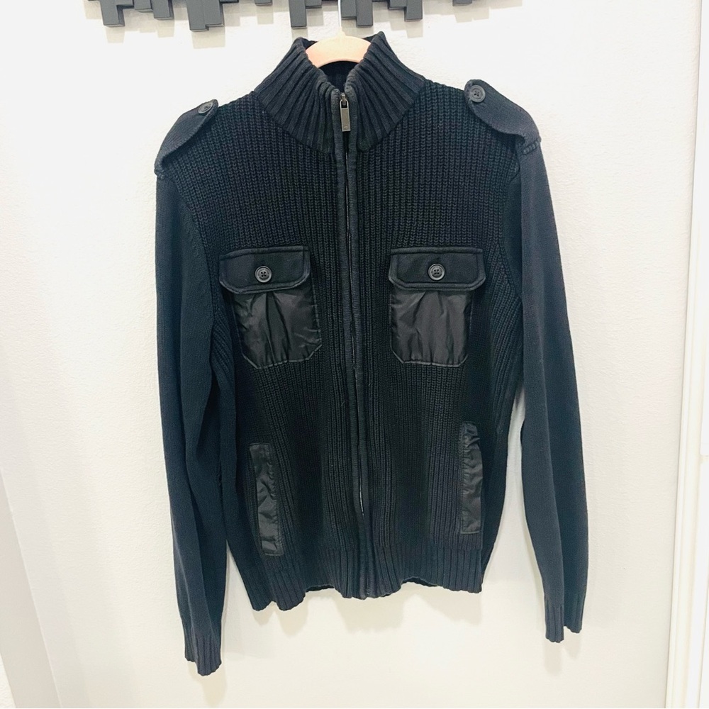 Kenneth Cole Reaction Black Zip Up Ribbed Sweater Nylon Details Mens Size M